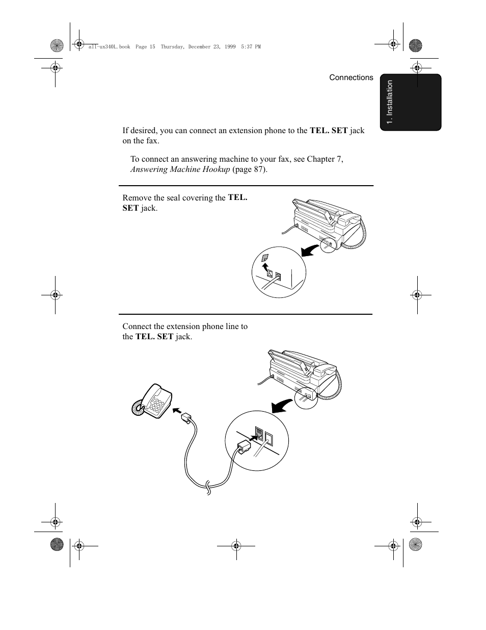 Remove the seal covering the tel. set jack | Sharp UX-340L User Manual | Page 17 / 155