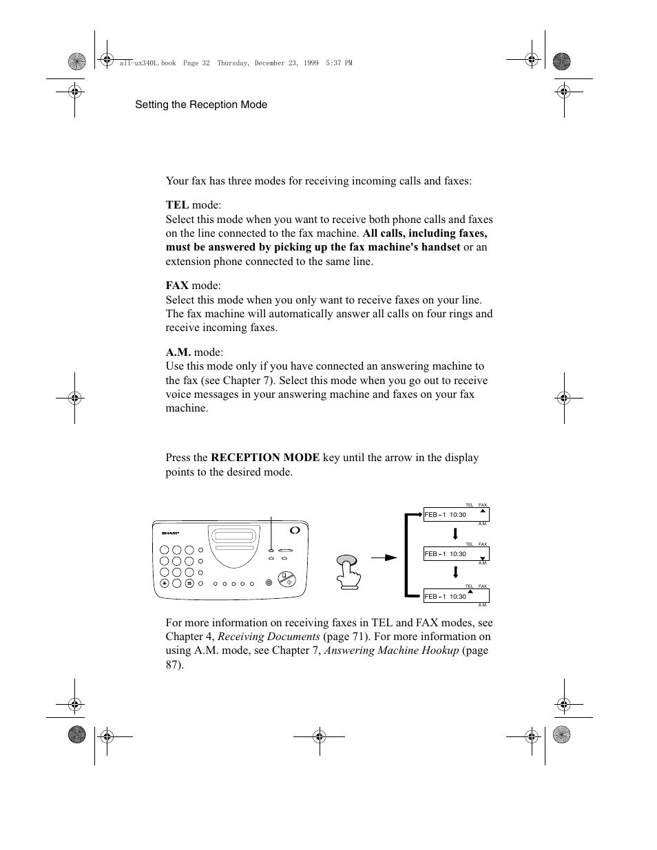 Setting the reception mode, Reception mode key, Setting the reception mode 32 | Sharp UX-340L User Manual | Page 34 / 155