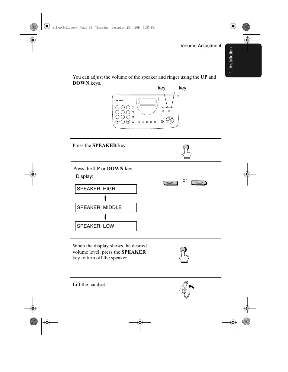 Volume adjustment | Sharp UX-340L User Manual | Page 35 / 155