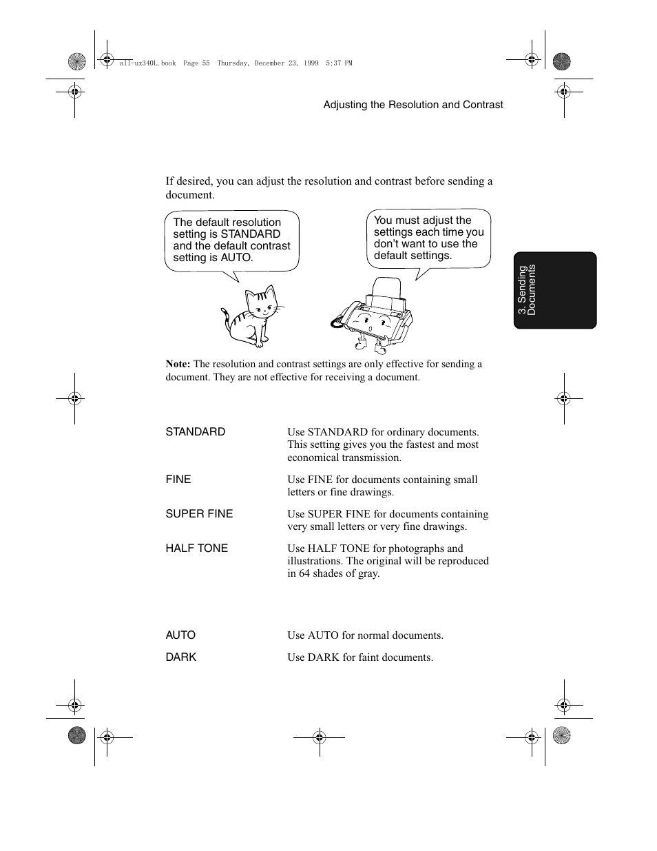 Adjusting the resolution and contrast | Sharp UX-340L User Manual | Page 57 / 155