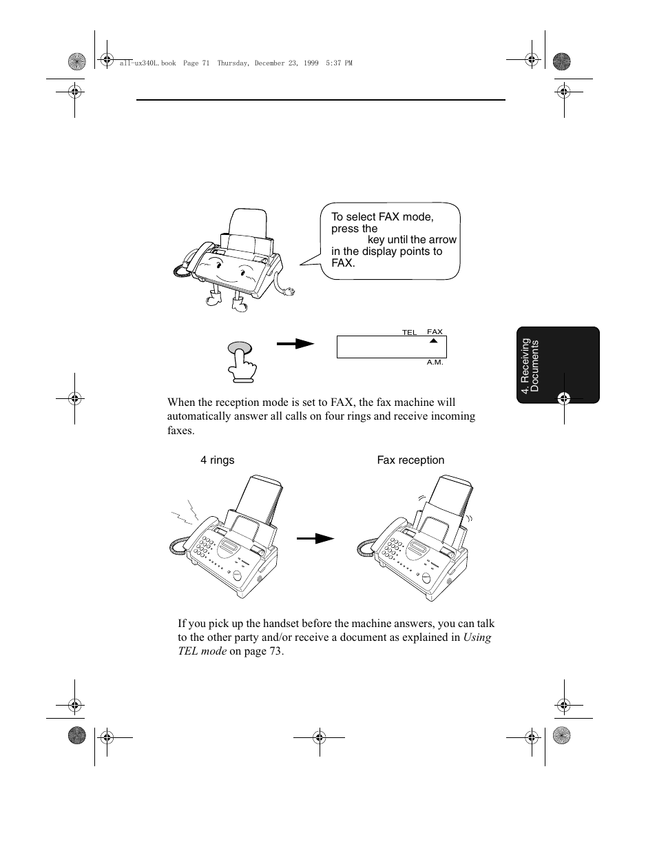 Receiving documents, Using fax mode | Sharp UX-340L User Manual | Page 73 / 155