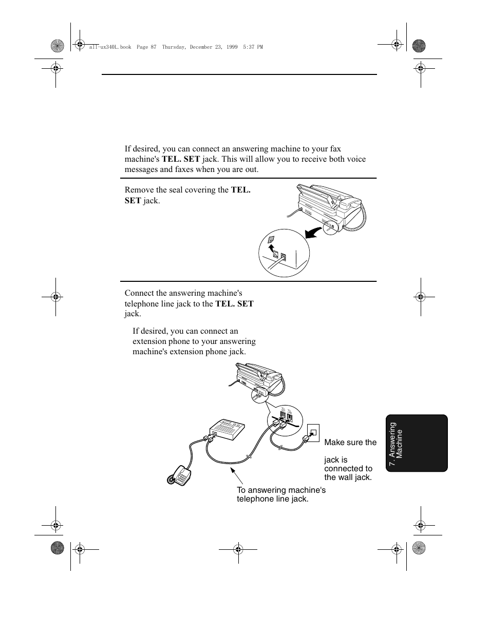 Answering machine hookup, Connecting an answering machine | Sharp UX-340L User Manual | Page 89 / 155