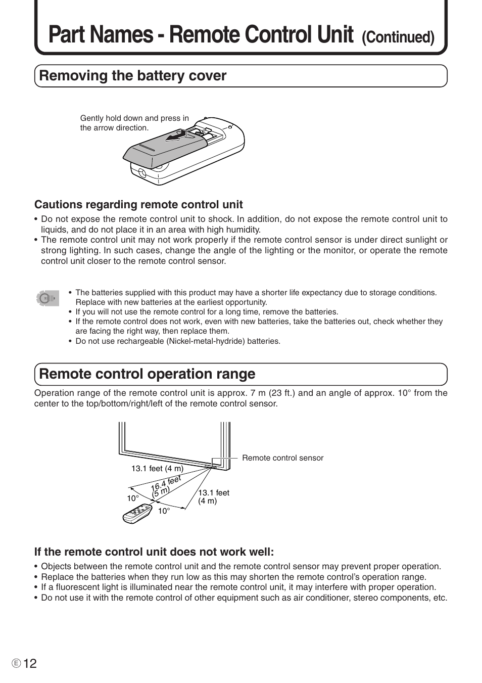 Part names - remote control unit, Continued), Remote control operation range | Removing the battery cover, Cautions regarding remote control unit, If the remote control unit does not work well | Sharp PN-455 User Manual | Page 12 / 62