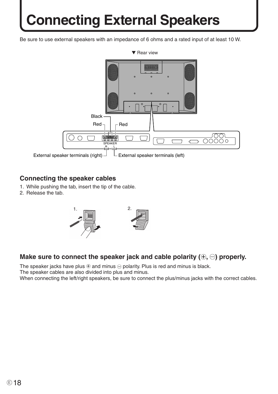 Connecting external speakers, Connecting the speaker cables | Sharp PN-455 User Manual | Page 18 / 62