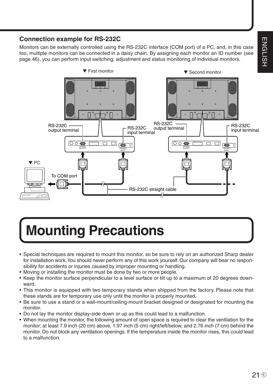 Mounting precautions, English, Connection example for rs-232c | Sharp PN-455 User Manual | Page 21 / 62