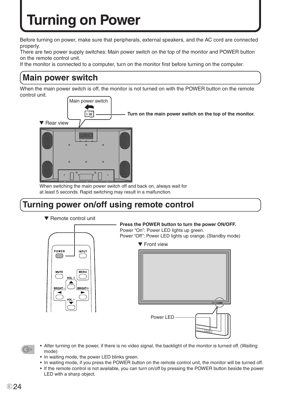 Turning on power, Main power switch, Turning power on/off using remote control | Sharp PN-455 User Manual | Page 24 / 62