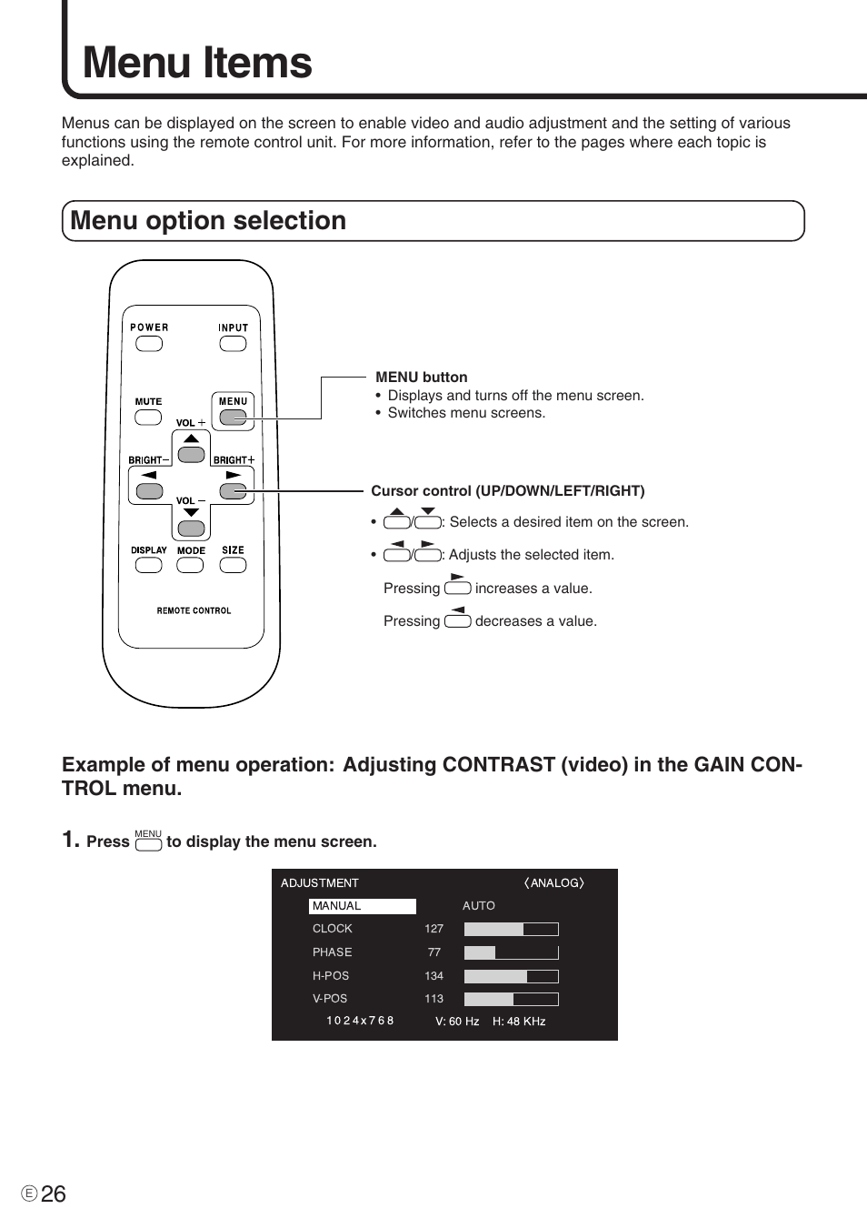 Menu items, Menu option selection | Sharp PN-455 User Manual | Page 26 / 62