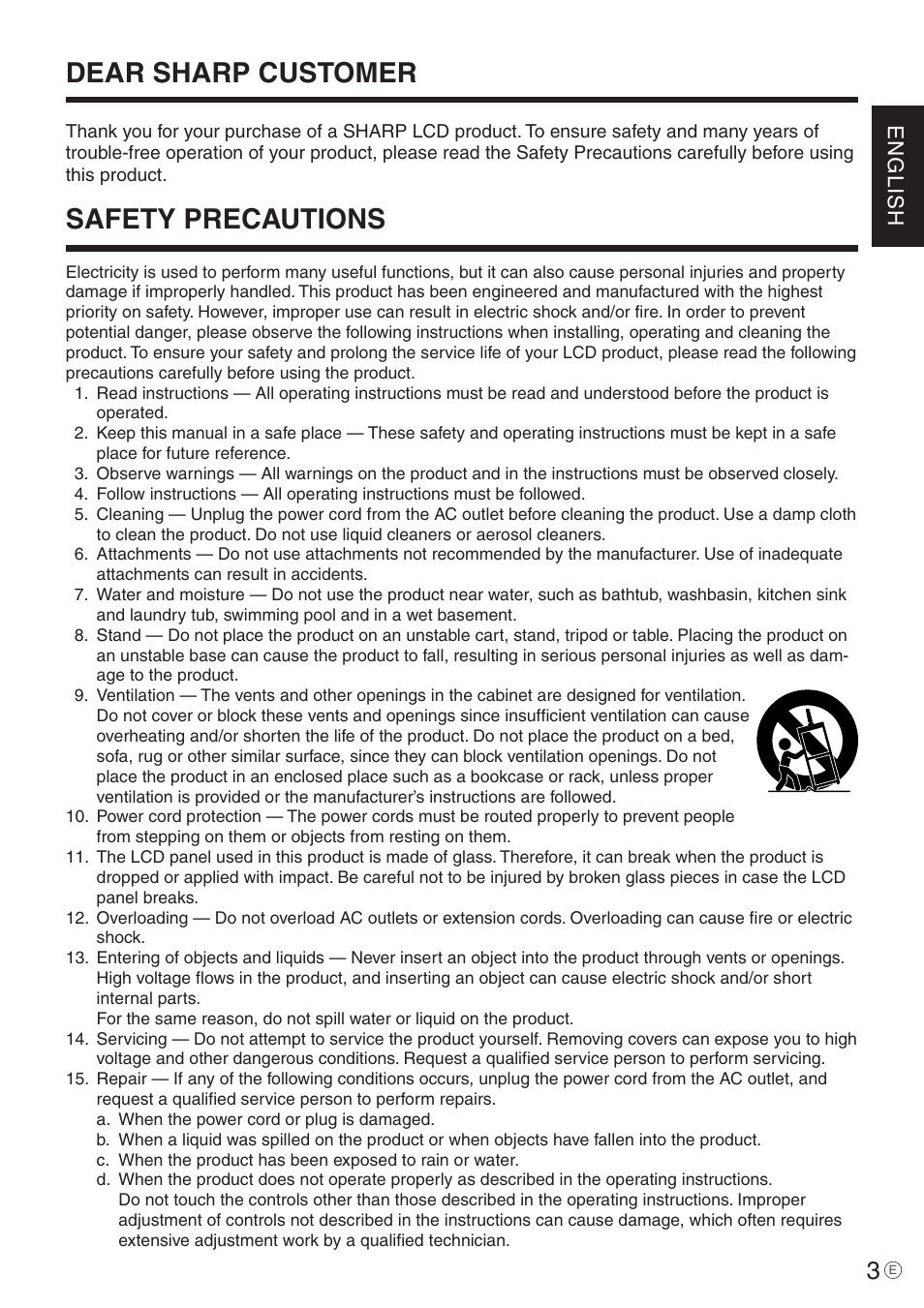 Safety precautions, Dear sharp customer, English | Sharp PN-455 User Manual | Page 3 / 62