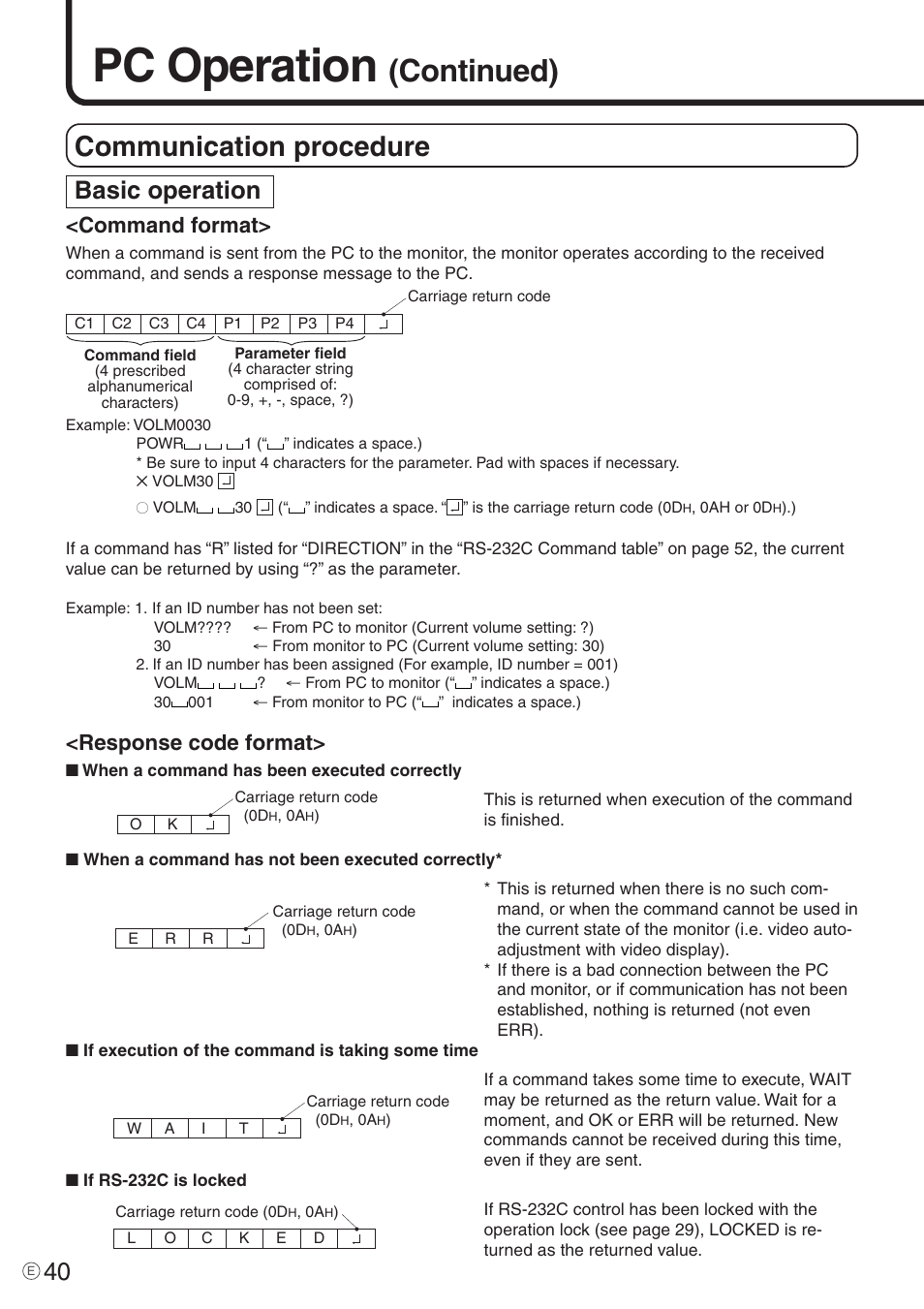 Pc operation, Continued), Communication procedure | Basic operation, Response code format, Command format | Sharp PN-455 User Manual | Page 40 / 62