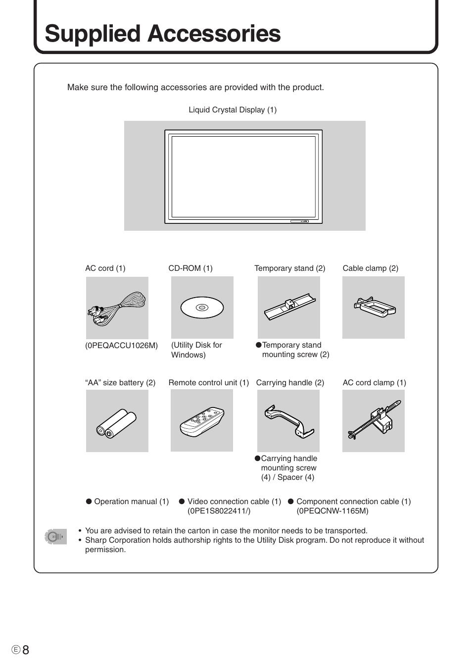 Supplied accessories | Sharp PN-455 User Manual | Page 8 / 62