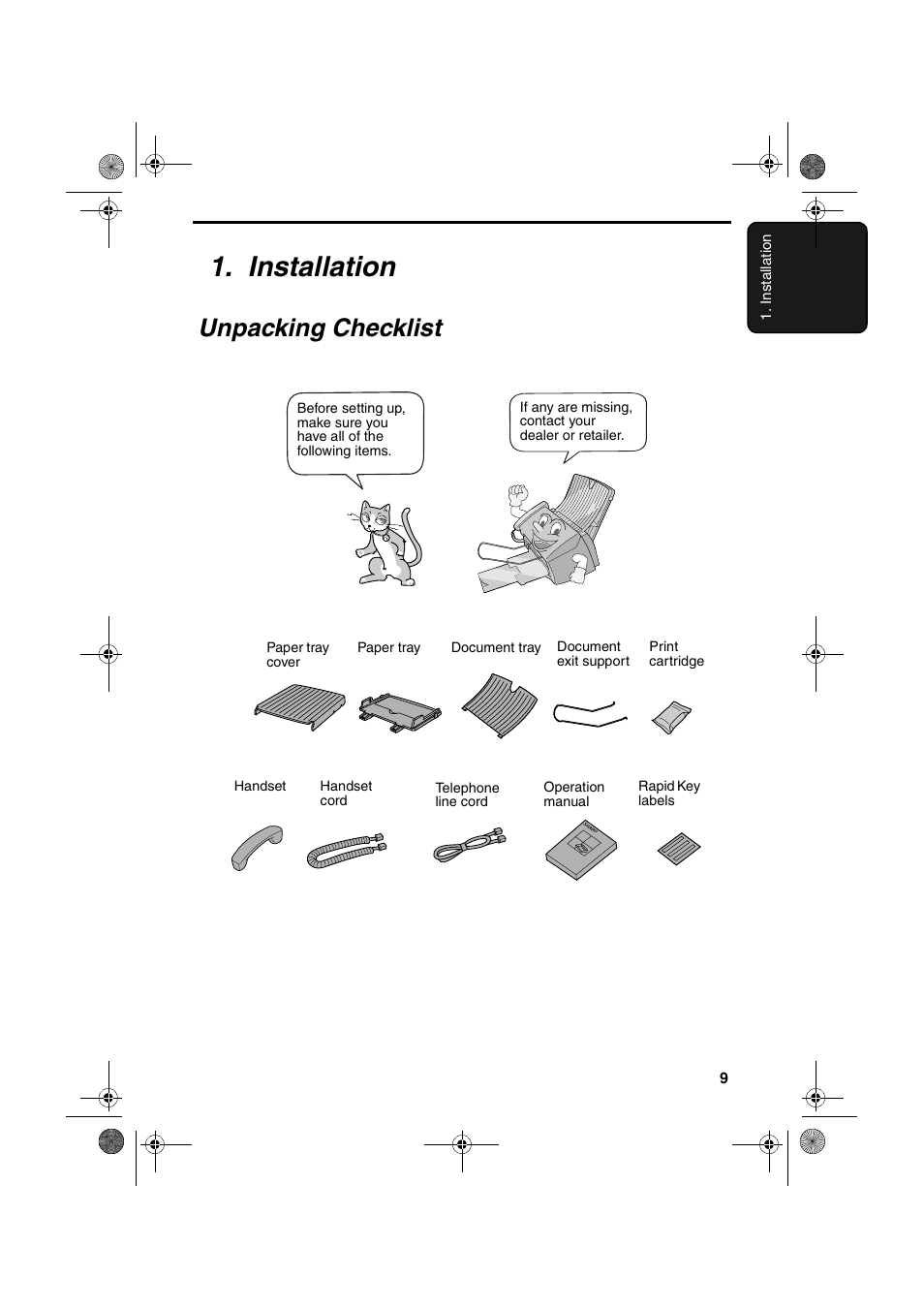 Installation, Unpacking checklist | Sharp FO-B1600 User Manual | Page 11 / 120