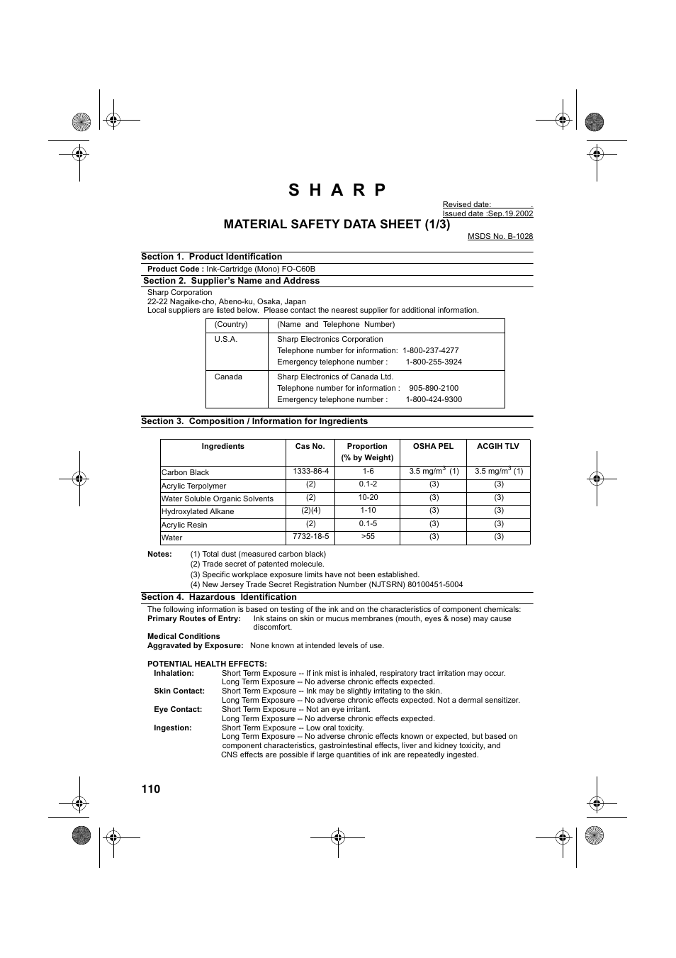 Material safety data sheet (1/3) | Sharp FO-B1600 User Manual | Page 112 / 120