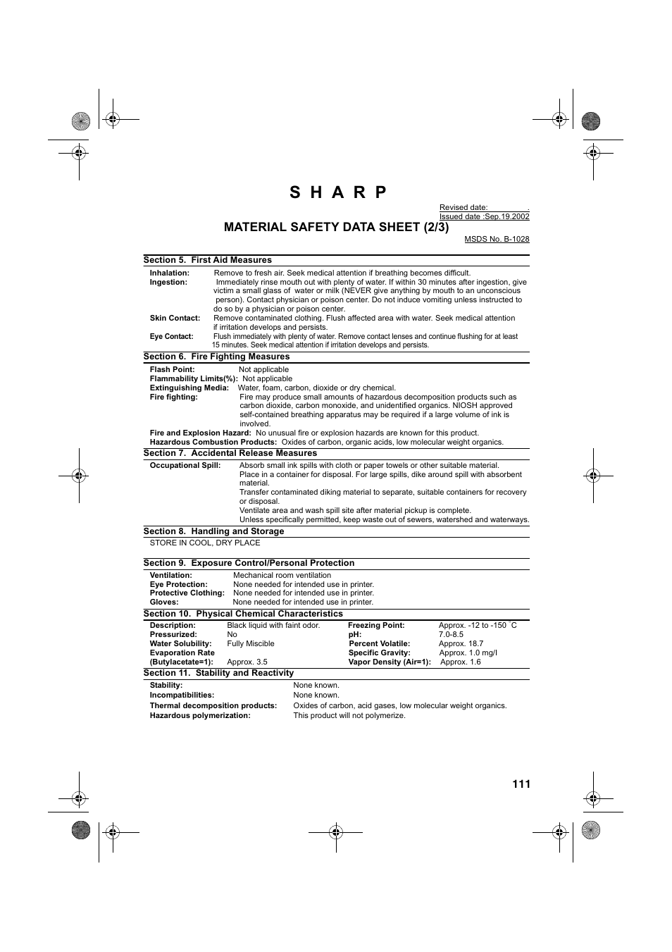 Material safety data sheet (2/3) | Sharp FO-B1600 User Manual | Page 113 / 120