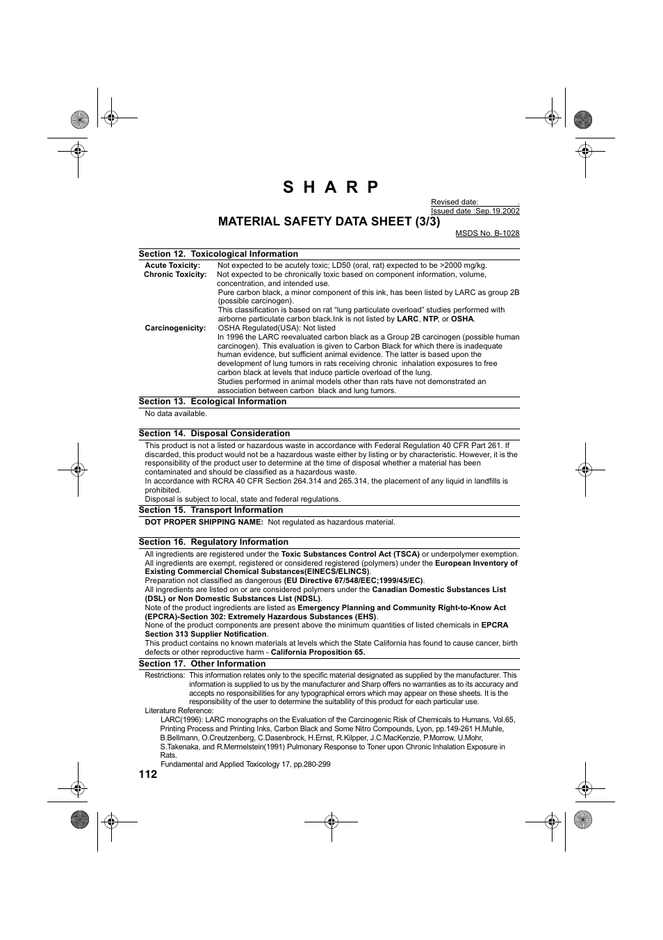 Material safety data sheet (3/3) | Sharp FO-B1600 User Manual | Page 114 / 120