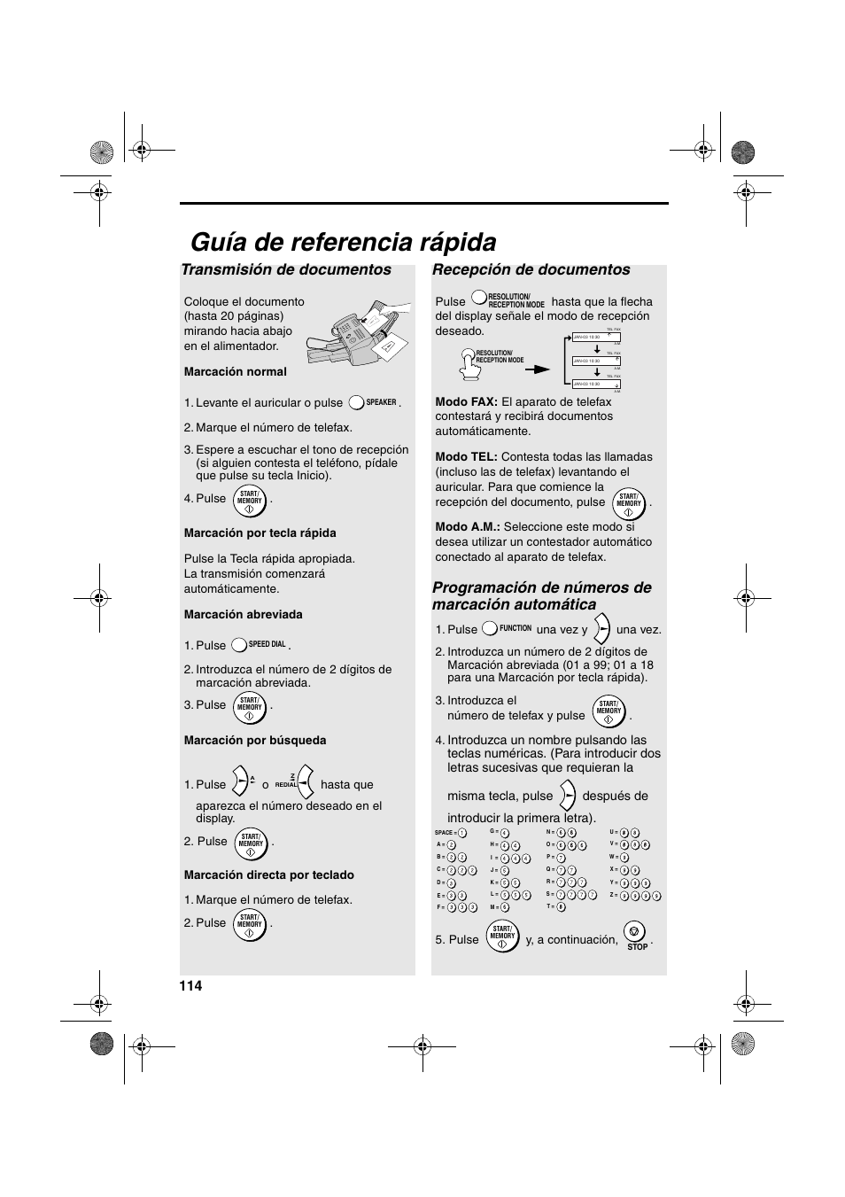 Guía de referencia rápida, Transmisión de documentos, Recepción de documentos | Programación de números de marcación automática | Sharp FO-B1600 User Manual | Page 116 / 120