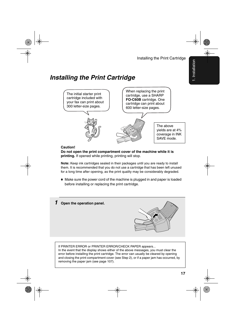 Installing the print cartridge | Sharp FO-B1600 User Manual | Page 19 / 120