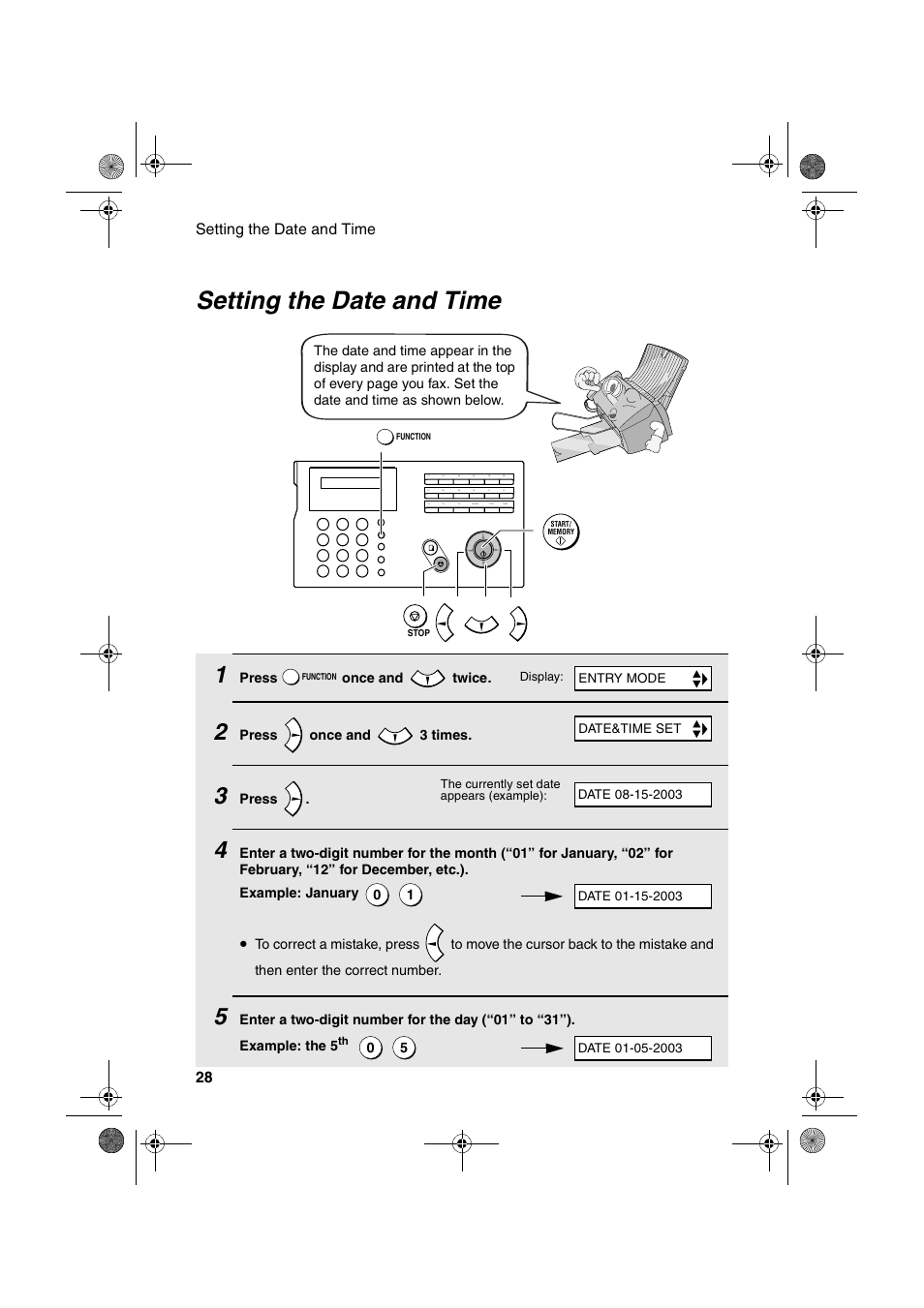 Setting the date and time | Sharp FO-B1600 User Manual | Page 30 / 120