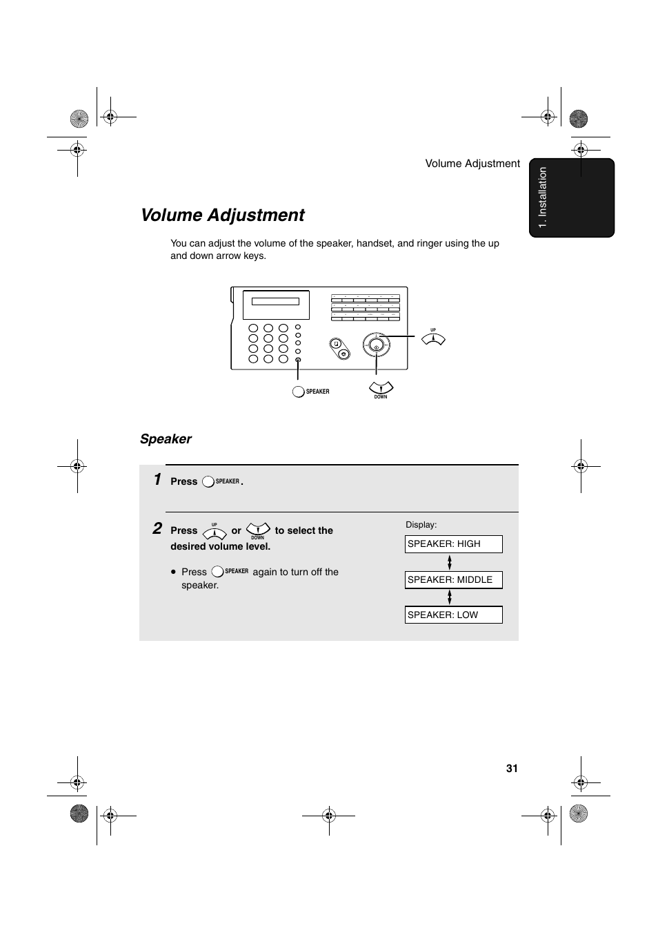 Volume adjustment, Speaker | Sharp FO-B1600 User Manual | Page 33 / 120