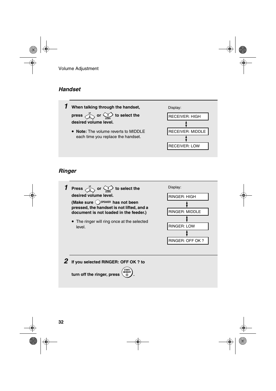 Ringer, Handset | Sharp FO-B1600 User Manual | Page 34 / 120