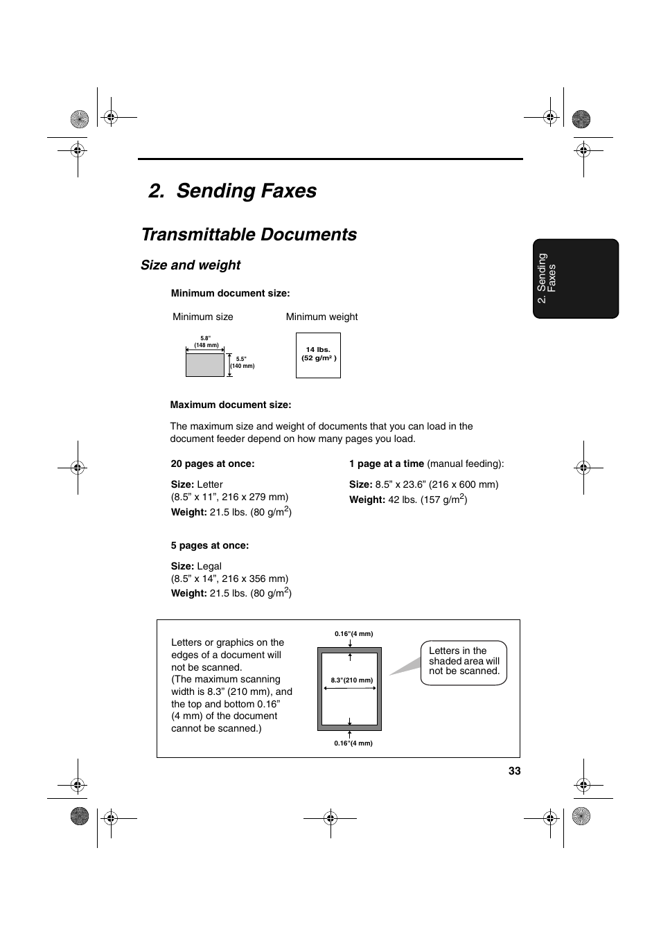 Sending faxes, Transmittable documents, Size and weight | Sharp FO-B1600 User Manual | Page 35 / 120