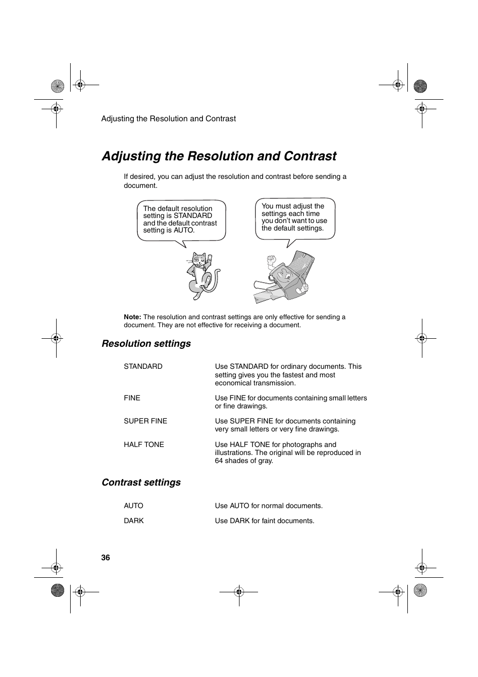 Adjusting the resolution and contrast, Resolution settings contrast settings | Sharp FO-B1600 User Manual | Page 38 / 120