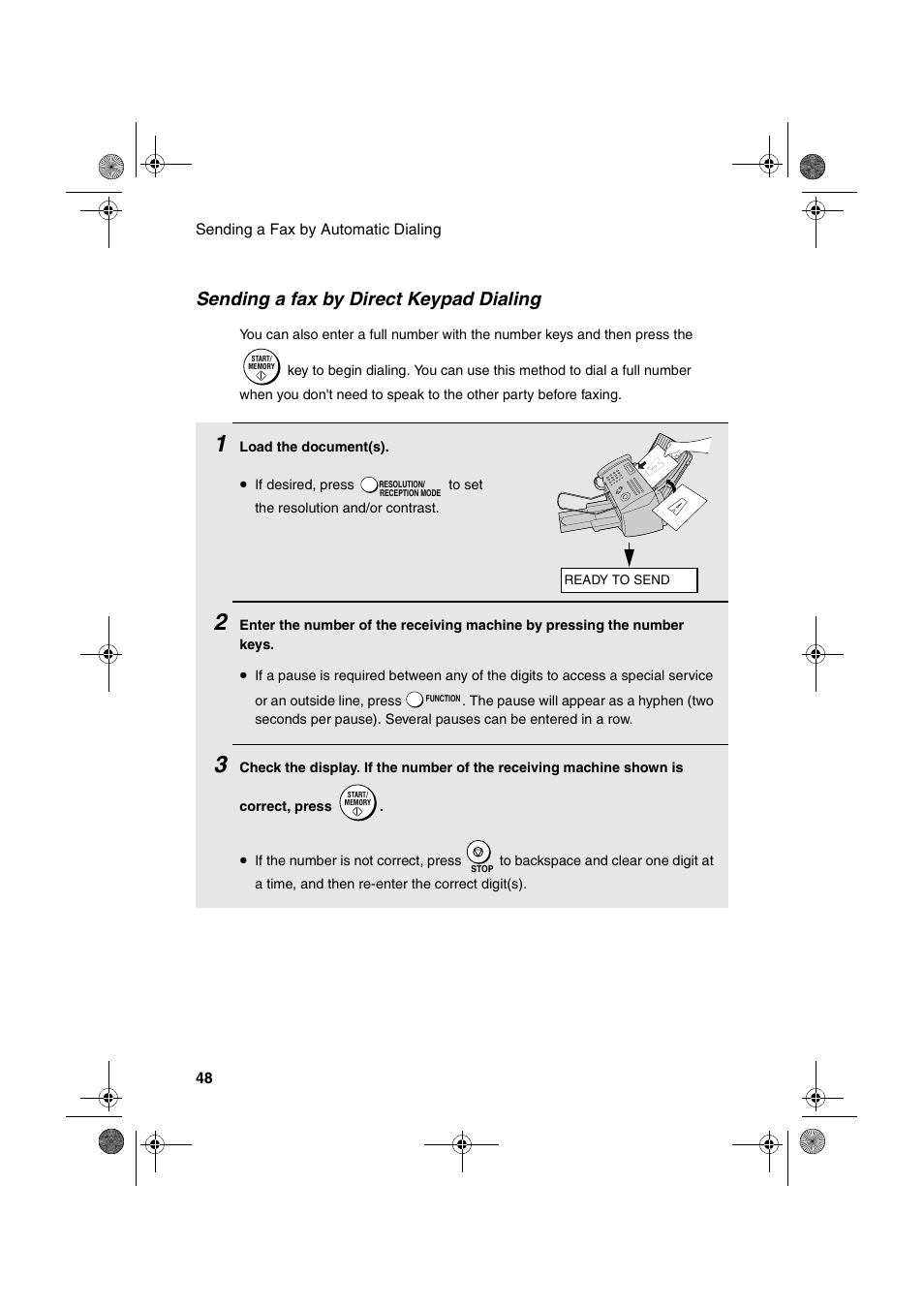 Sending a fax by direct keypad dialing | Sharp FO-B1600 User Manual | Page 50 / 120