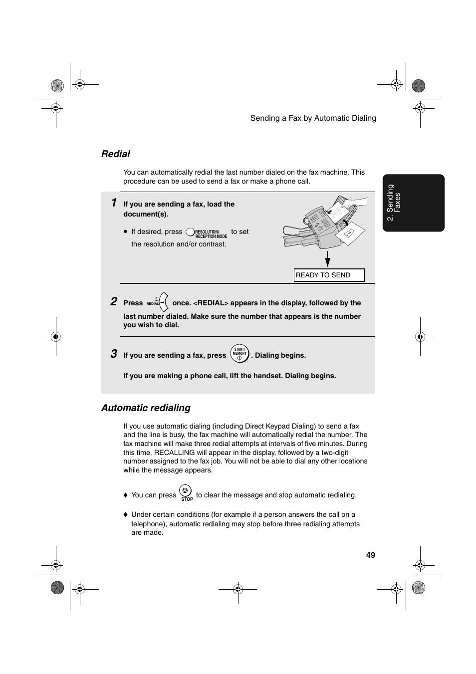 Redial, Automatic redialing | Sharp FO-B1600 User Manual | Page 51 / 120