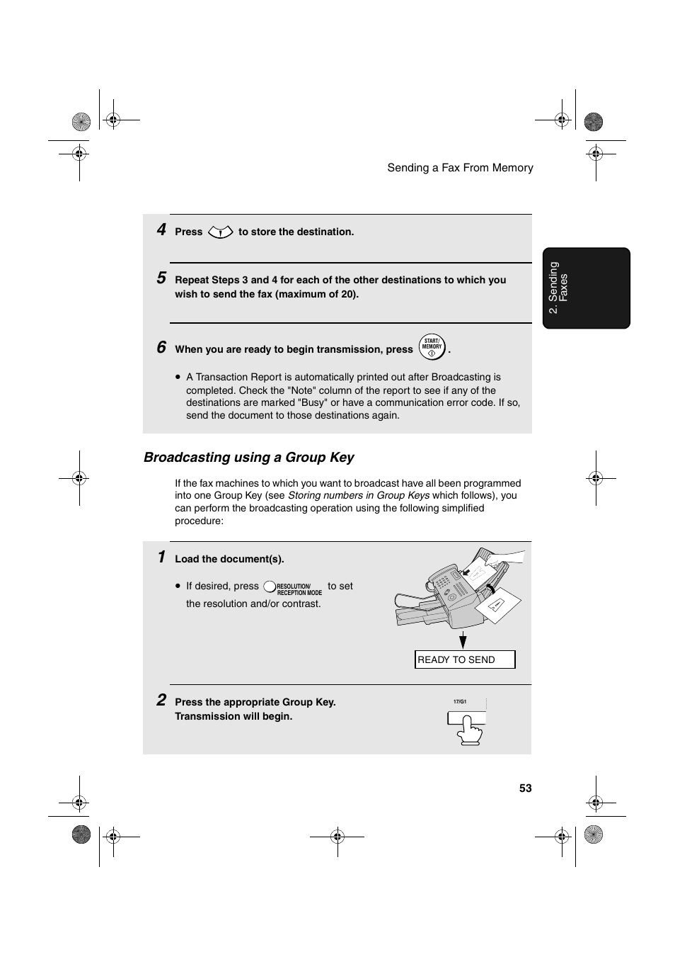 Broadcasting using a group key | Sharp FO-B1600 User Manual | Page 55 / 120