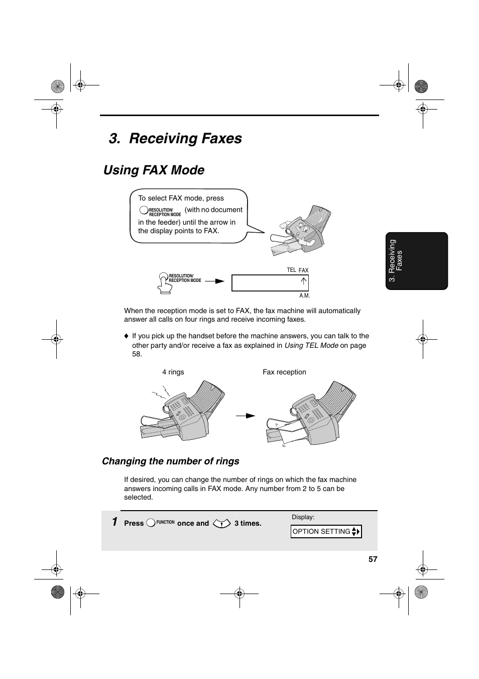 Receiving faxes, Using fax mode, Changing the number of rings | Sharp FO-B1600 User Manual | Page 59 / 120