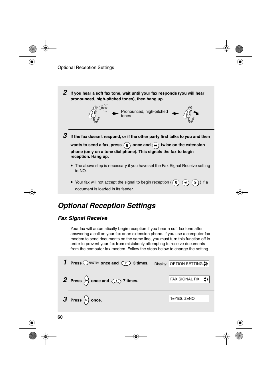 Optional reception settings, Fax signal receive | Sharp FO-B1600 User Manual | Page 62 / 120