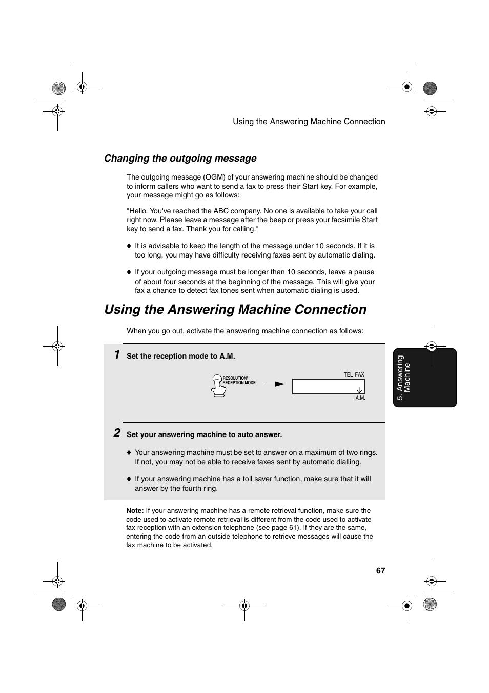 Using the answering machine connection, Changing the outgoing message | Sharp FO-B1600 User Manual | Page 69 / 120