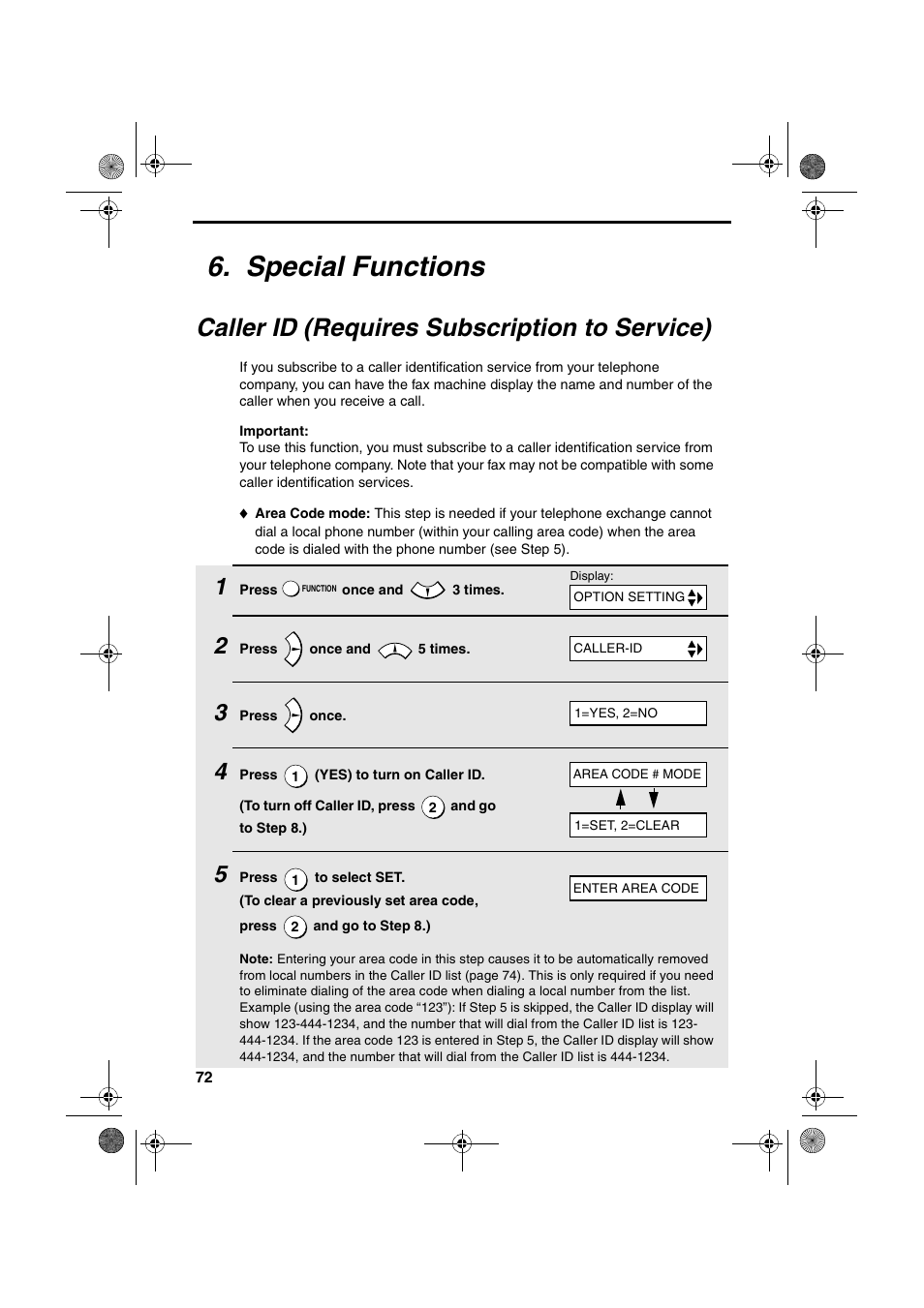 Special functions, Caller id (requires subscription to service) | Sharp FO-B1600 User Manual | Page 74 / 120