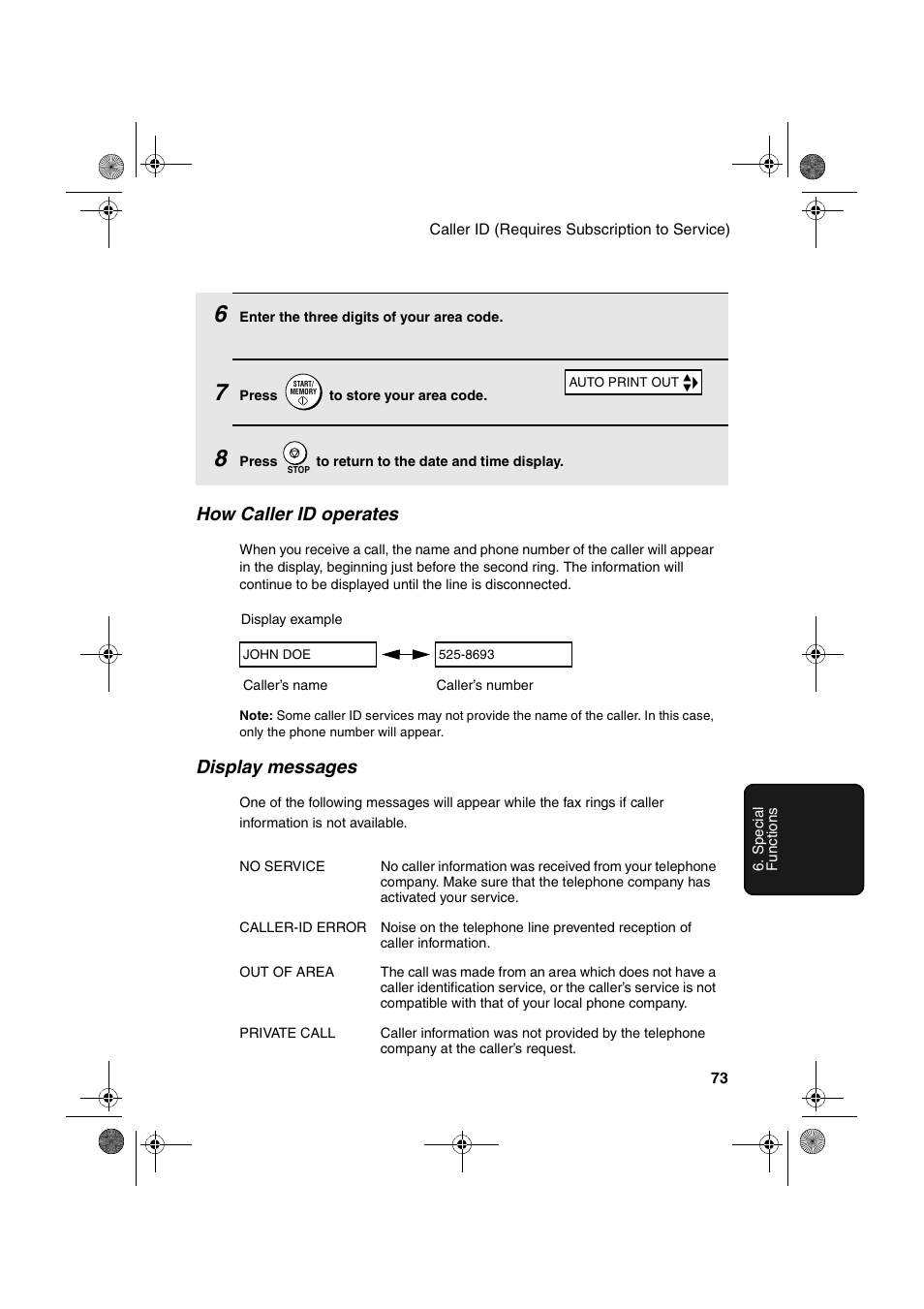 How caller id operates, Display messages | Sharp FO-B1600 User Manual | Page 75 / 120