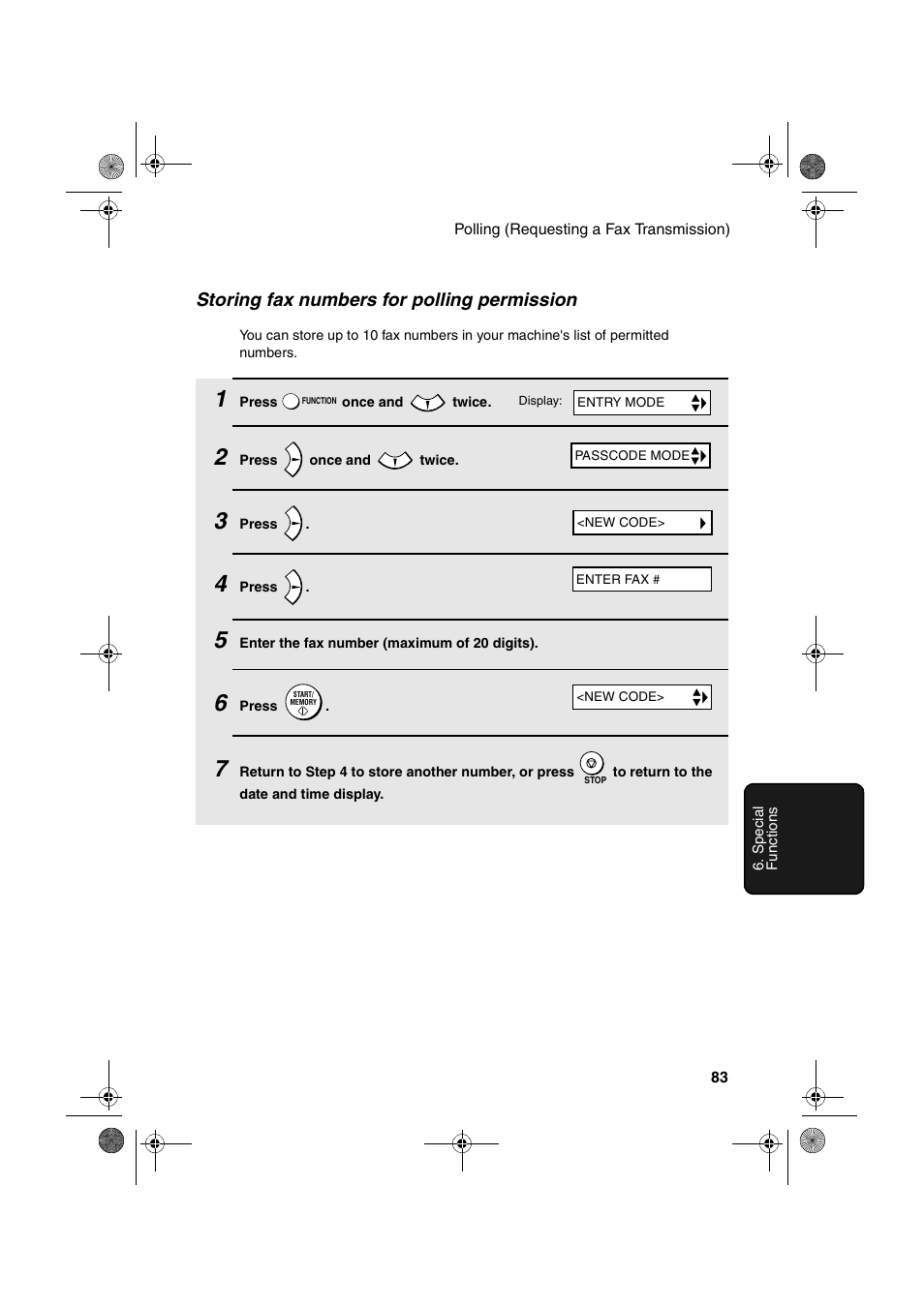 Storing fax numbers for polling permission | Sharp FO-B1600 User Manual | Page 85 / 120