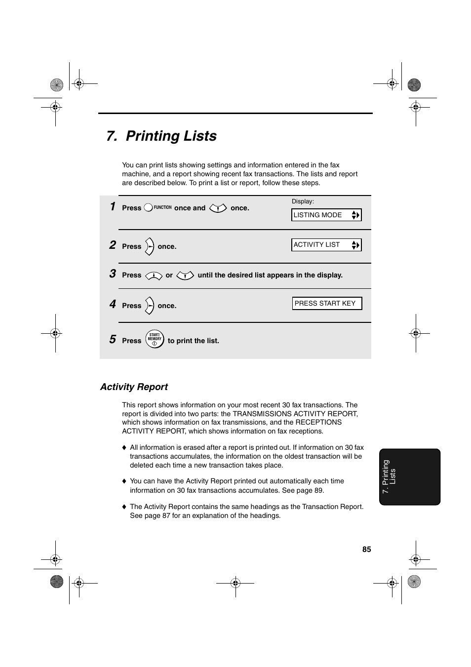 Printing lists, Activity report | Sharp FO-B1600 User Manual | Page 87 / 120