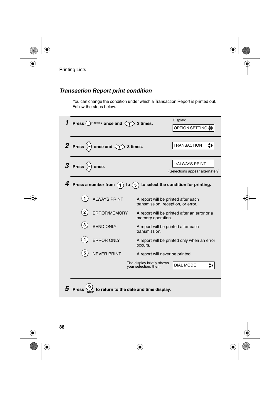 Transaction report print condition | Sharp FO-B1600 User Manual | Page 90 / 120