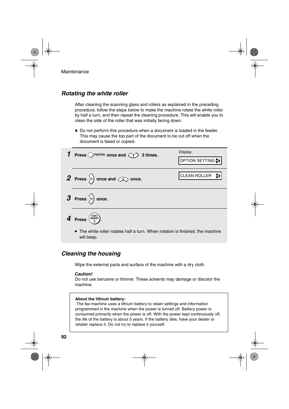 Cleaning the housing, Rotating the white roller | Sharp FO-B1600 User Manual | Page 94 / 120