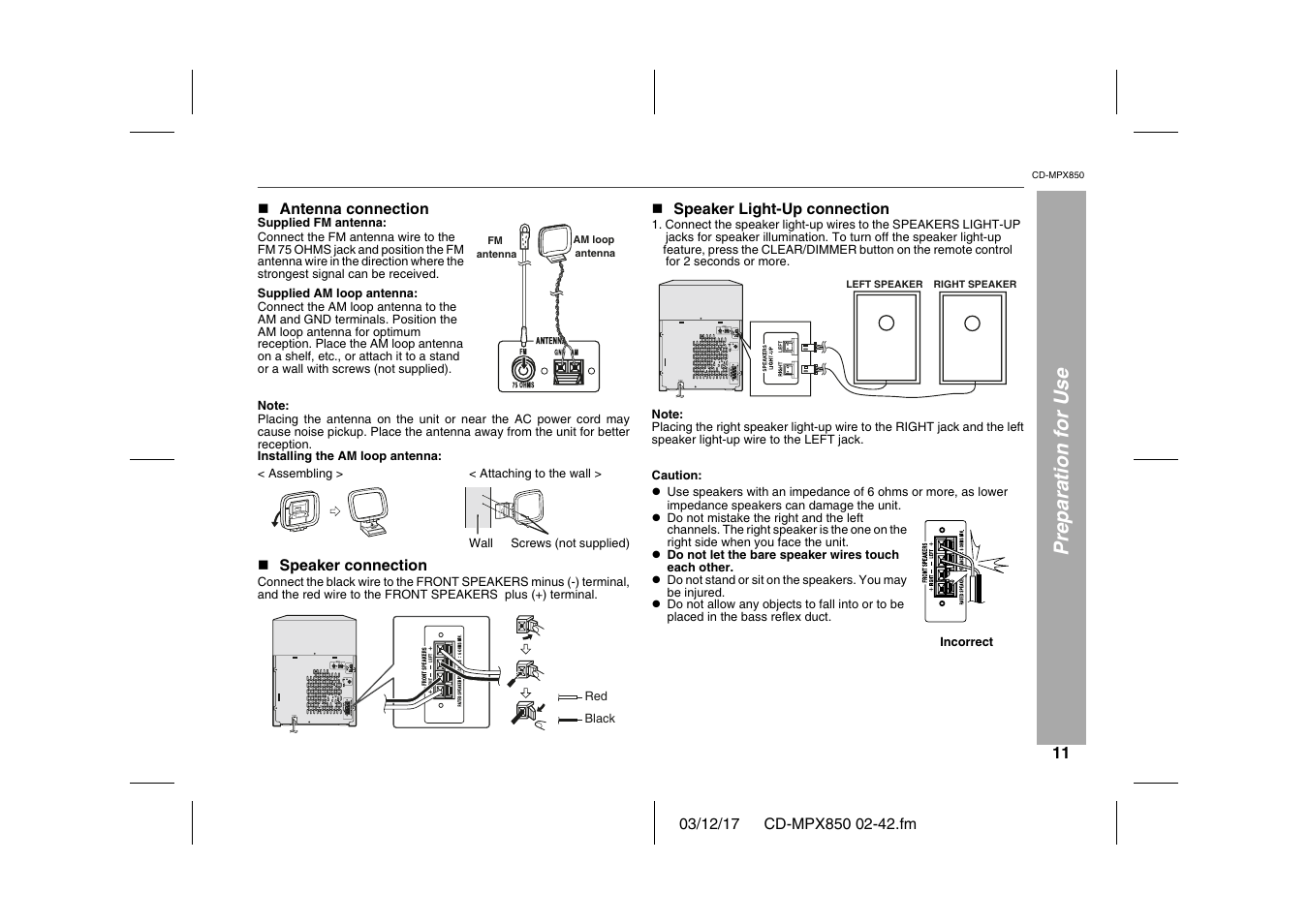 Preparation for use, N antenna connection, Table | Table body, Table row, Supplied fm antenna, Supplied am loop antenna, Assembling, Attaching to the wall, Wall | Sharp CD-MPX850 User Manual | Page 11 / 44