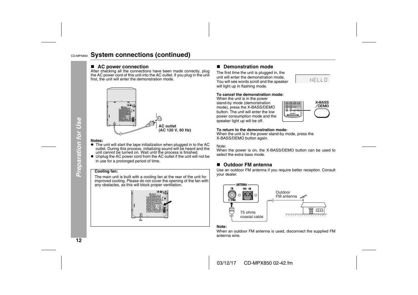 Preparation for use, System connections (continued), N ac power connection | Graphic, N demonstration mode, Table, Table body, Table row, To cancel the demonstration mode, To return to the demonstration mode | Sharp CD-MPX850 User Manual | Page 12 / 44