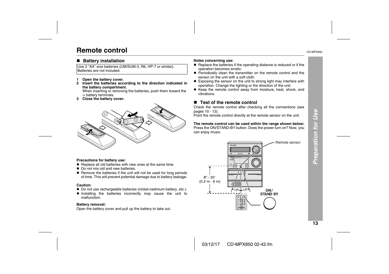 Preparation for use, Remote control, N battery installation | Table, Table body, Table row, Open the battery cover, Close the battery cover, L do not mix old and new batteries, N test of the remote control | Sharp CD-MPX850 User Manual | Page 13 / 44