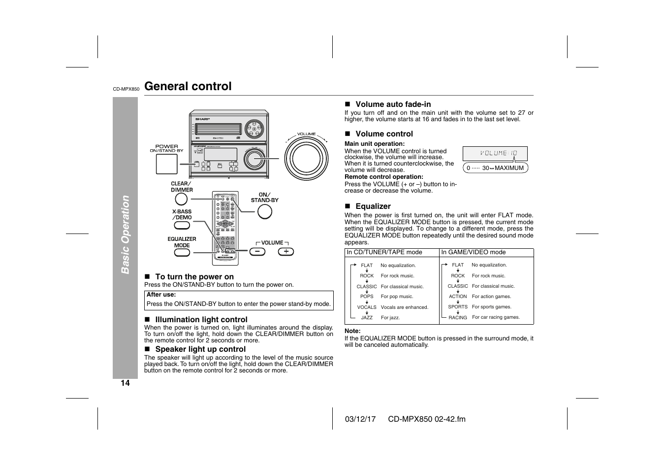 Basic operation, General control, Graphic | N to turn the power on, Press the on/stand-by button to turn the power on, Table, Table body, Table row, After use, N illumination light control | Sharp CD-MPX850 User Manual | Page 14 / 44