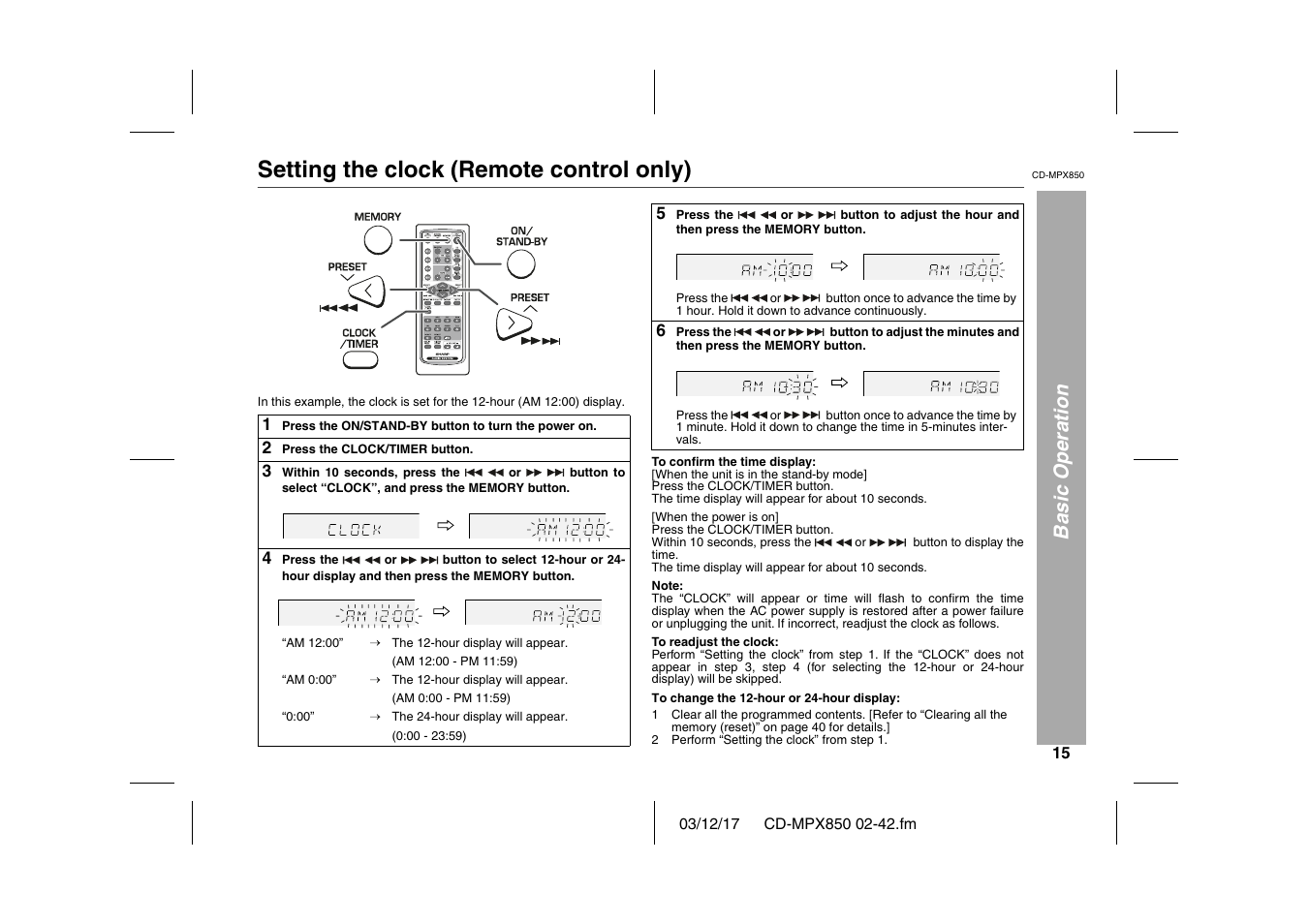 Basic operation, Setting the clock (remote control only), Graphic | Table, Table body, Table row, 2 press the clock/timer button, 3 within 10 seconds, press the, 4 press the, Am 12:00 | Sharp CD-MPX850 User Manual | Page 15 / 44