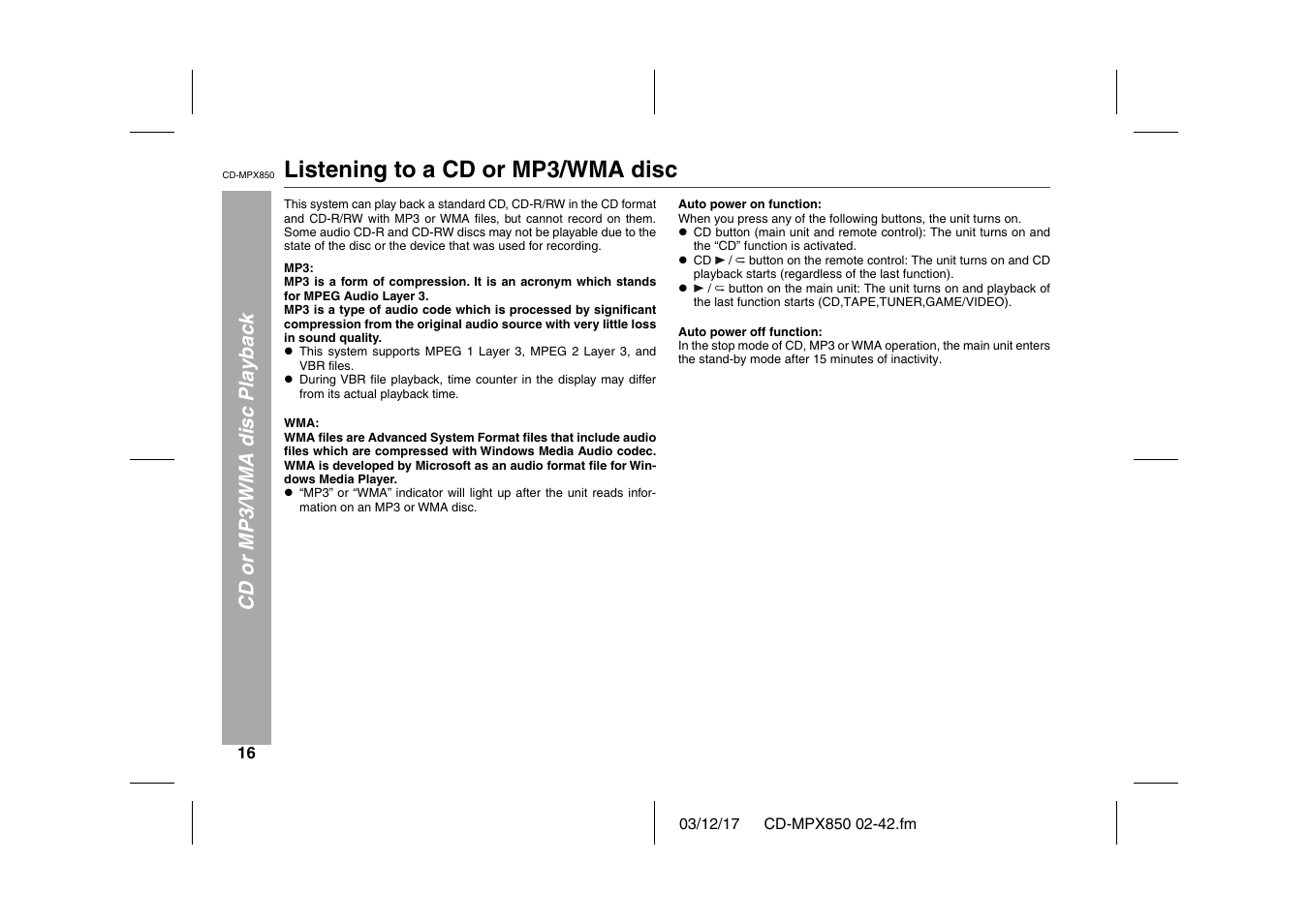 Cd or mp3/wma disc playback, Listening to a cd or mp3/wma disc, L cd | Graphic, Auto power off function | Sharp CD-MPX850 User Manual | Page 16 / 44