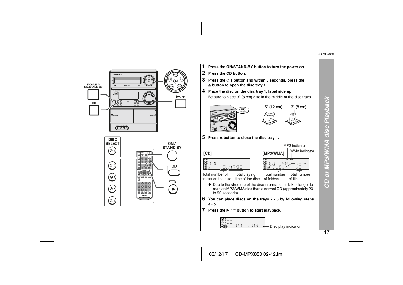 Cd or mp3/wma disc playback, Graphic, Table | Table body, Table row, 2 press the cd button, 3 press the, 4 place the disc on the disc tray 1, label side up, 5 press / button to close the disc tray 1, 7 press the / button to start playback | Sharp CD-MPX850 User Manual | Page 17 / 44