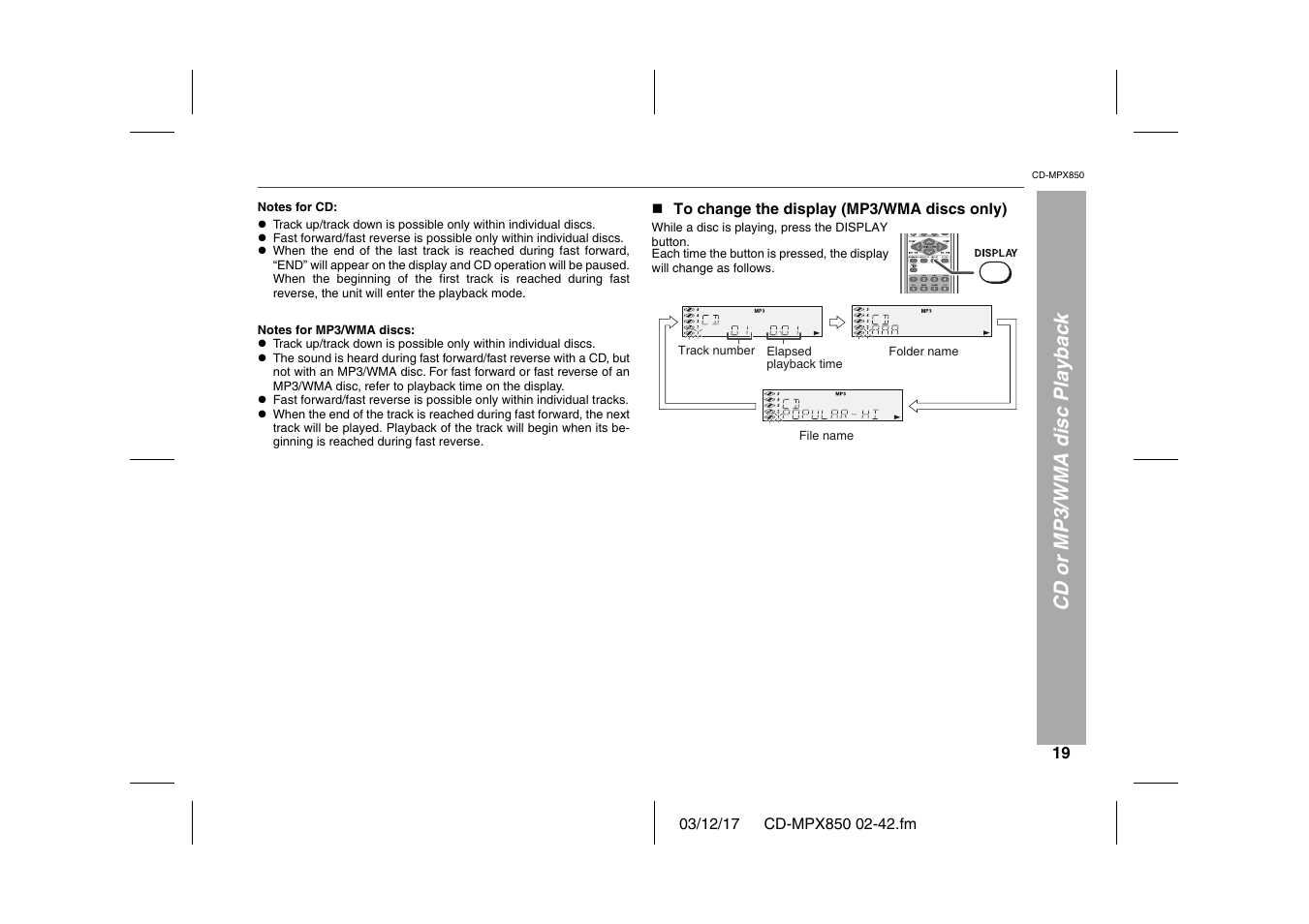 Cd or mp3/wma disc playback, Notes for cd, Table | Table body, Table row, N to change the display (mp3/wma discs only), While a disc is playing, press the display button, Graphic | Sharp CD-MPX850 User Manual | Page 19 / 44