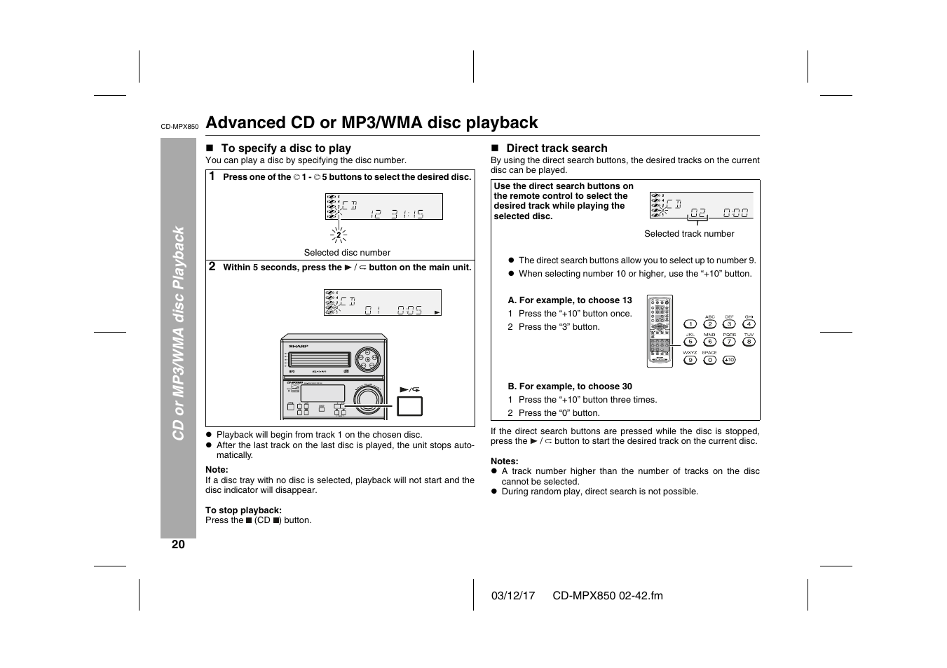 Cd or mp3/wma disc playback, Advanced cd or mp3/wma disc playback, N to specify a disc to play | You can play a disc by specifying the disc number, Table, Table body, Table row, 1 press one of the, Selected disc number, 2 within 5 seconds, press the | Sharp CD-MPX850 User Manual | Page 20 / 44