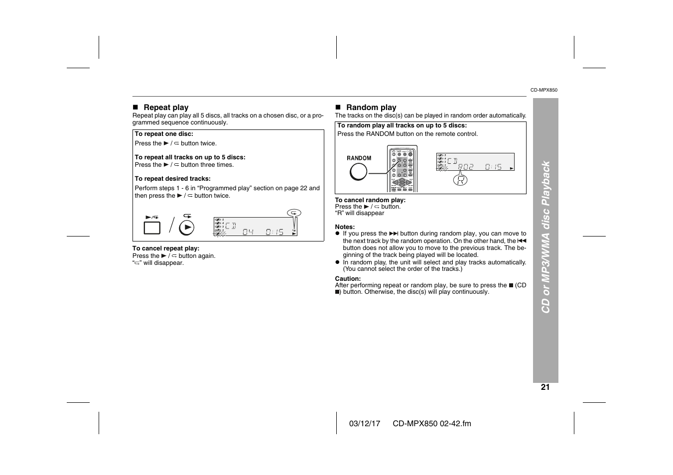 Cd or mp3/wma disc playback, N repeat play, Table | Table body, Table row, To repeat one disc, Press the / button twice, Press the, To repeat all tracks on up to 5 discs, To repeat desired tracks | Sharp CD-MPX850 User Manual | Page 21 / 44