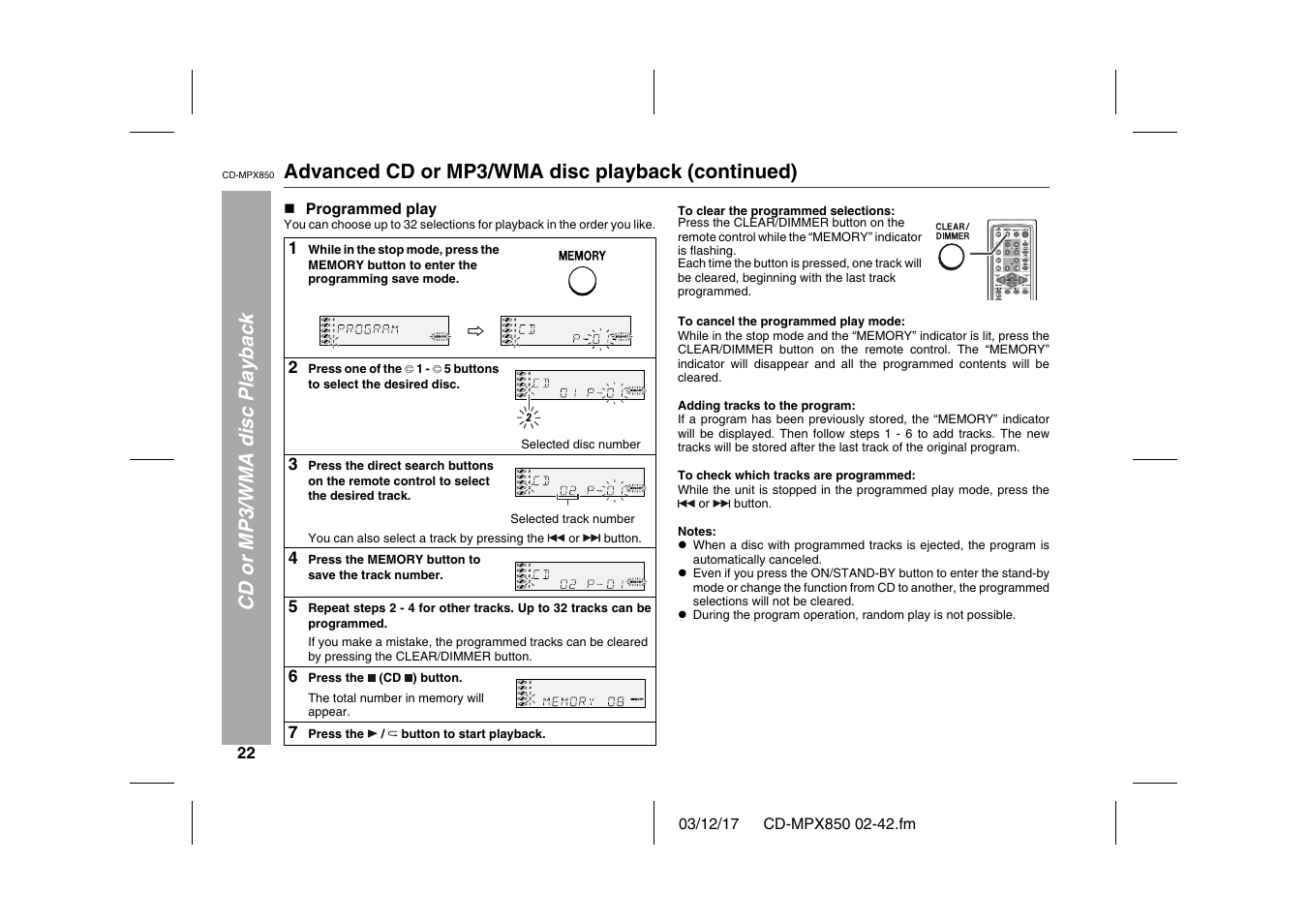 Cd or mp3/wma disc playback, Advanced cd or mp3/wma disc playback (continued), N programmed play | Table, Table body, Table row, 2 press one of the, Selected disc number, Selected track number, You can also select a track by pressing the | Sharp CD-MPX850 User Manual | Page 22 / 44