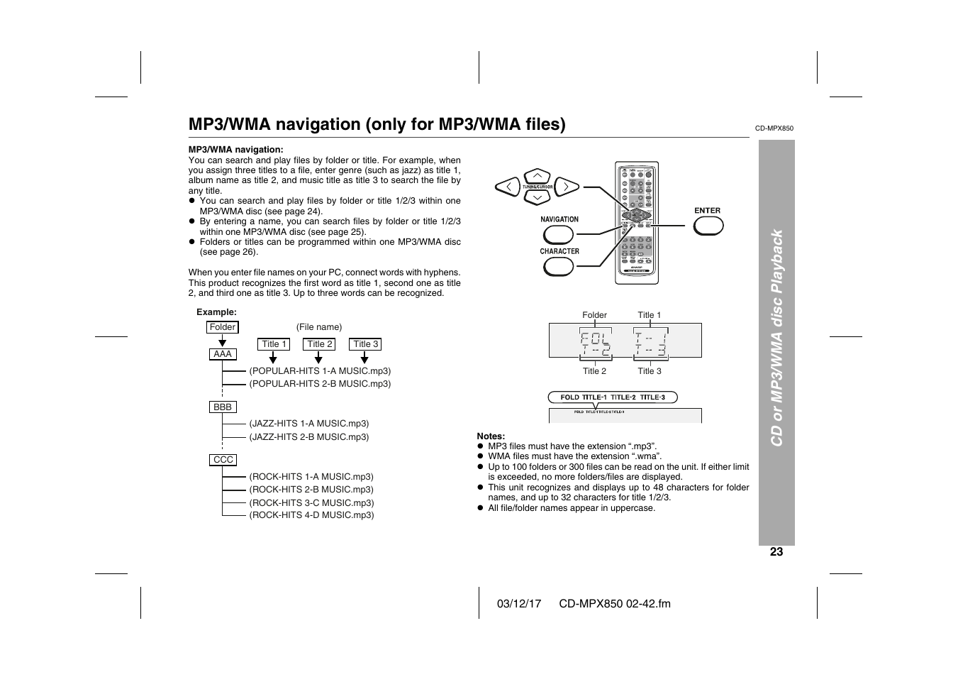 Cd or mp3/wma disc playback, Mp3/wma navigation (only for mp3/wma files), Graphic | L mp3 files must have the extension “.mp3, L wma files must have the extension “.wma, L all file/folder names appear in uppercase | Sharp CD-MPX850 User Manual | Page 23 / 44