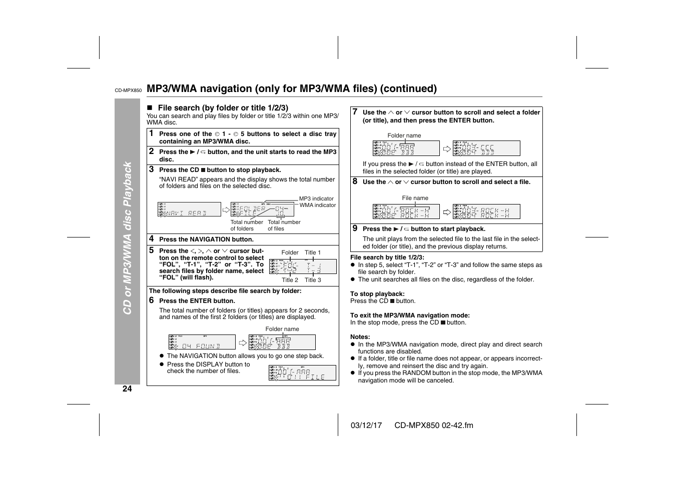 Cd or mp3/wma disc playback, N file search (by folder or title 1/2/3), Table | Table body, Table row, 1 press one of the, 2 press the, 3 press the cd button to stop playback, 3 press the cd, 4 press the navigation button | Sharp CD-MPX850 User Manual | Page 24 / 44